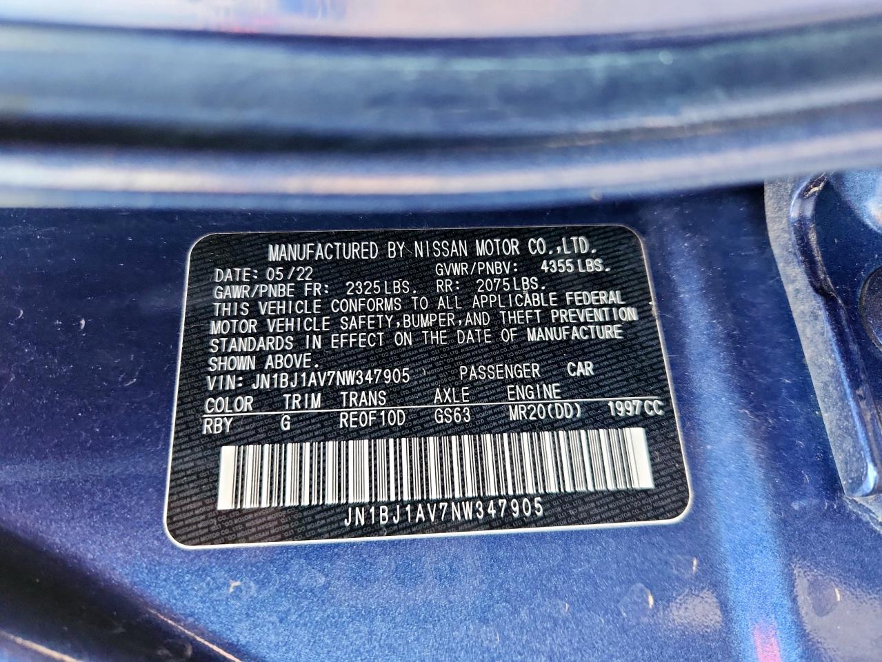2022 Nissan Rogue Sport S VIN: JN1BJ1AV7NW347905 Lot: 70533865