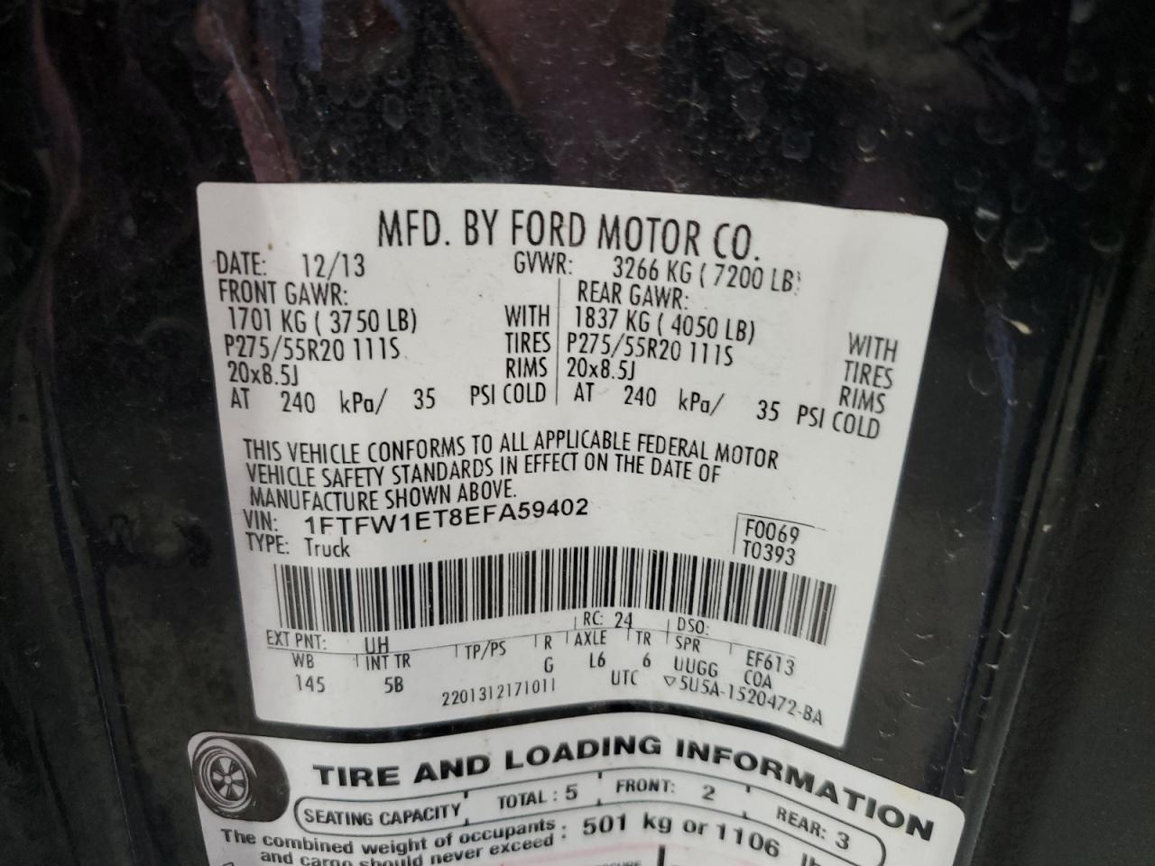 2014 Ford F150 Supercrew VIN: 1FTFW1ET8EFA59402 Lot: 68121985