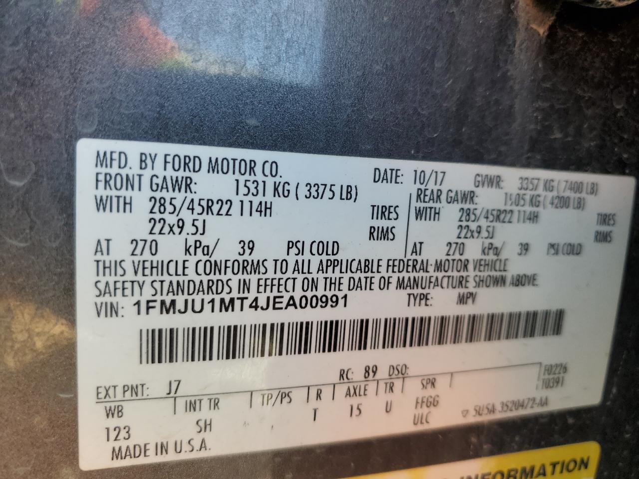 2018 Ford Expedition Platinum VIN: 1FMJU1MT4JEA00991 Lot: 70340255