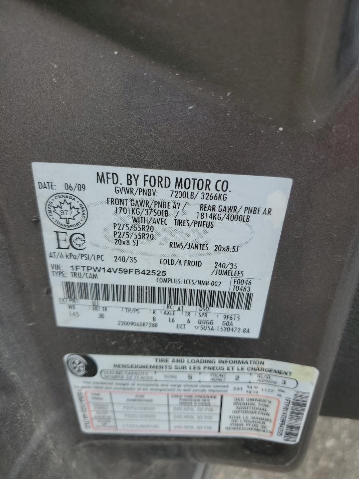 2009 Ford F150 Supercrew VIN: 1FTPW14V59FB42525 Lot: 67430185