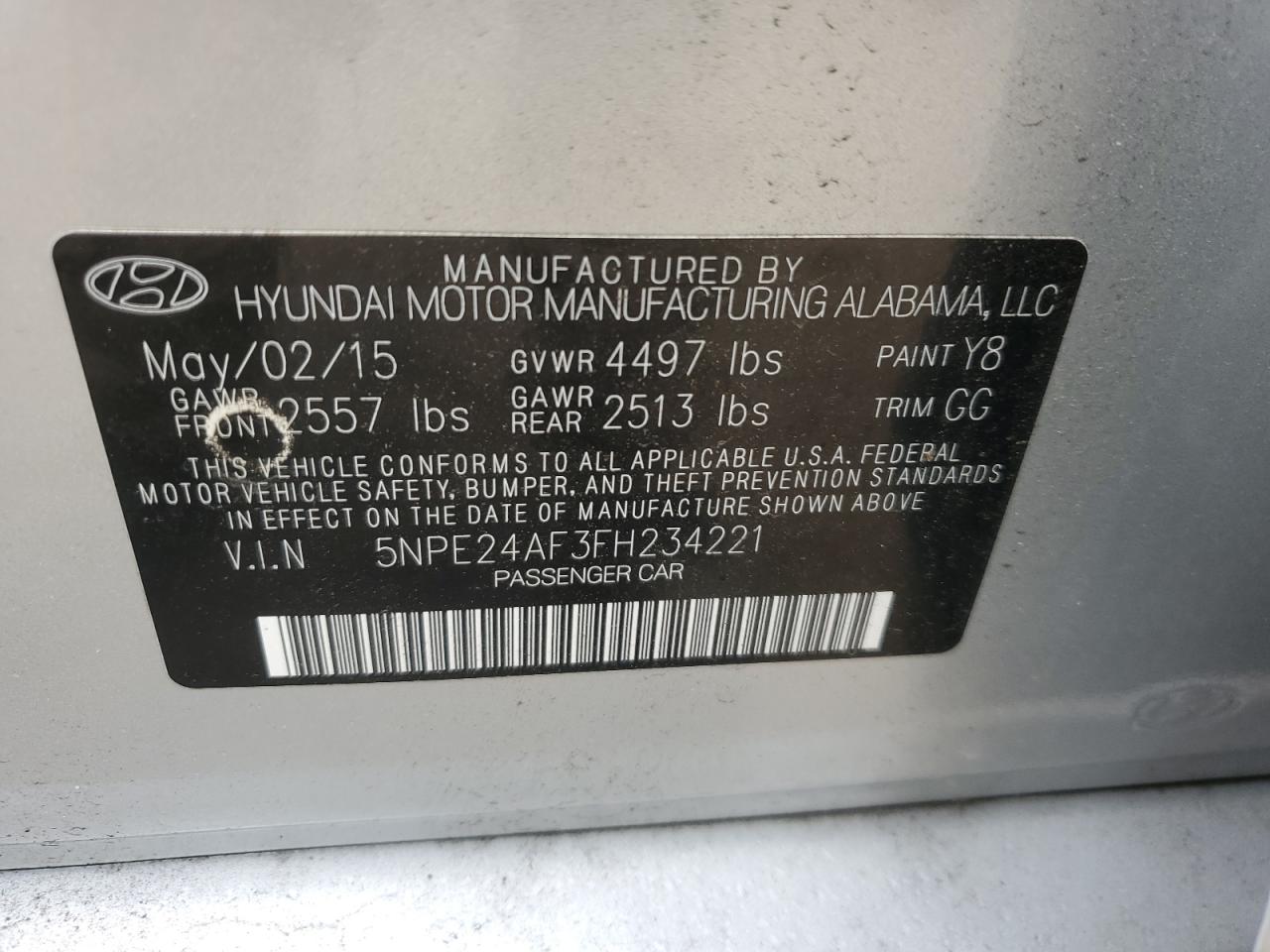 2015 Hyundai Sonata Se VIN: 5NPE24AF3FH234221 Lot: 69905805