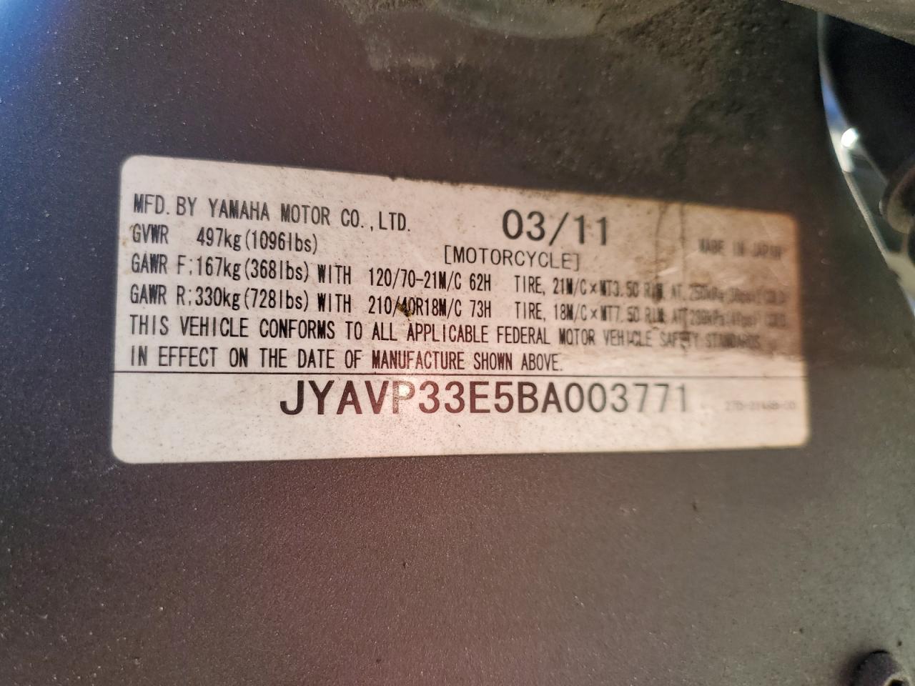 2011 Yamaha Xvs1300 Cu VIN: JYAVP33E5BA003771 Lot: 70317665