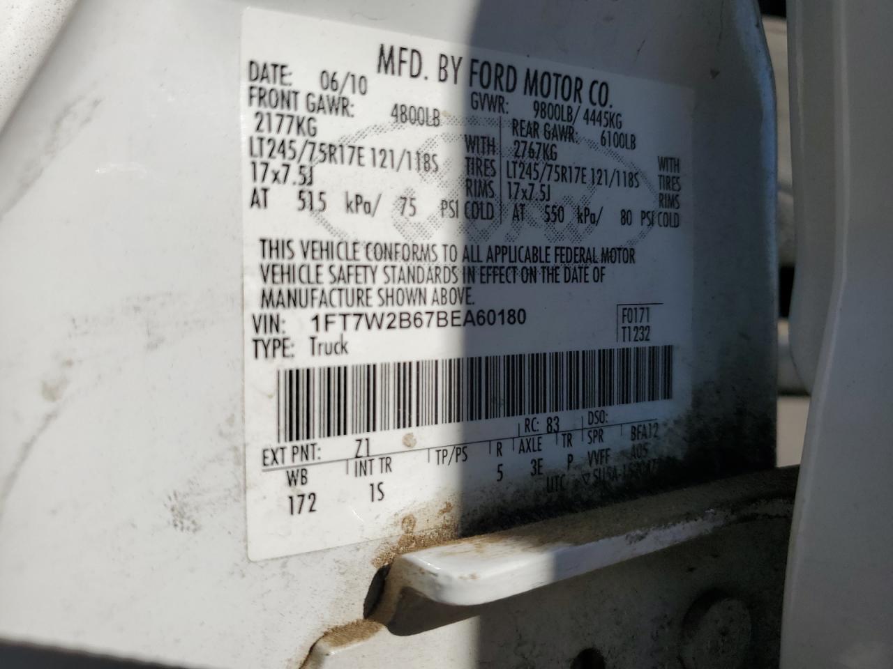 2011 Ford F250 Super Duty VIN: 1FT7W2B67BEA60180 Lot: 70783175