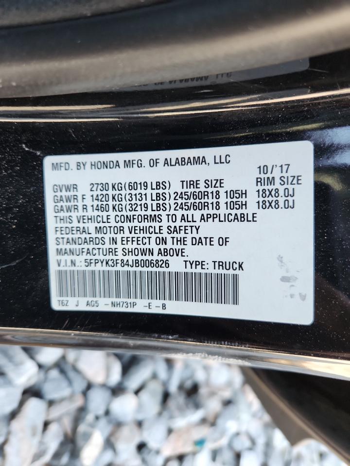 2018 Honda Ridgeline Black Edition VIN: 5FPYK3F84JB006826 Lot: 70826965