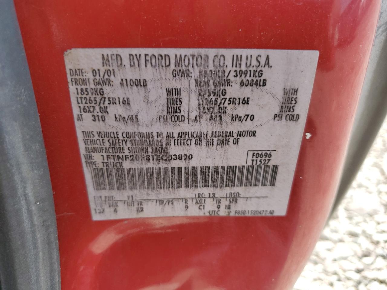 2001 Ford F250 Super Duty VIN: 1FTNF20F81EC03890 Lot: 68021895