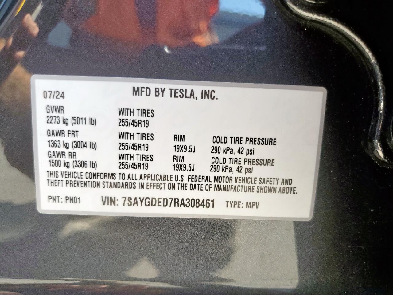 2024 Tesla Model Y VIN: 7SAYGDED7RA308461 Lot: 69081255