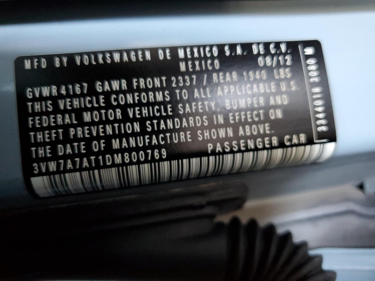 2013 Volkswagen Beetle Turbo VIN: 3VW7A7AT1DM800769 Lot: 71037835