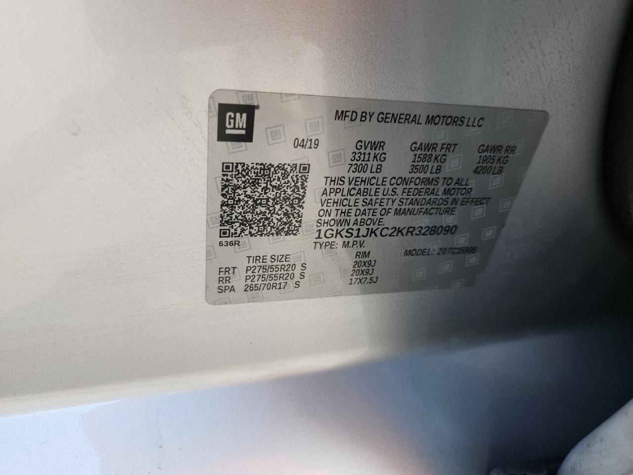 2019 GMC Yukon Xl C1500 Slt VIN: 1GKS1JKC2KR328090 Lot: 70092115