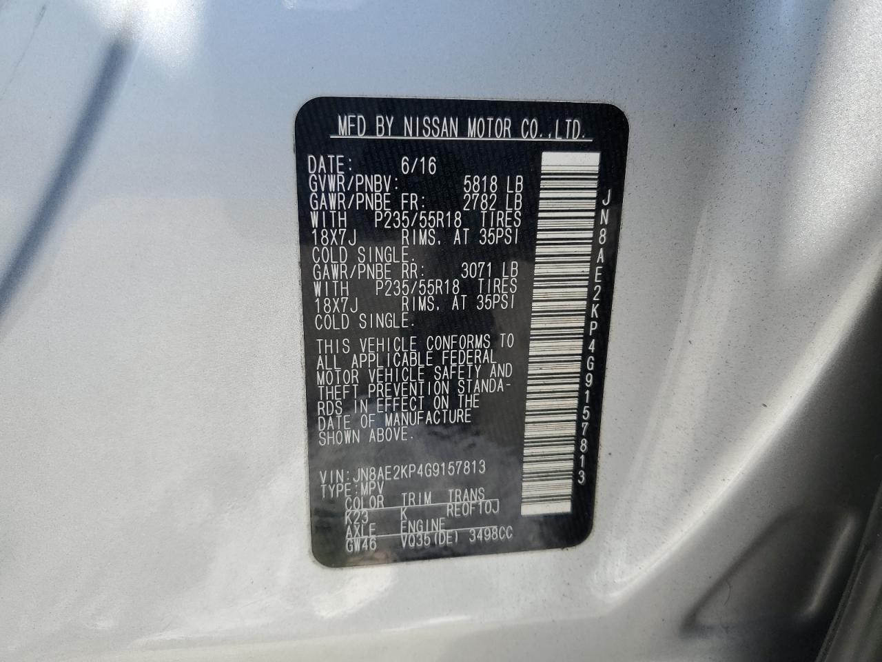 2016 Nissan Quest S VIN: JN8AE2KP4G9157813 Lot: 68171385