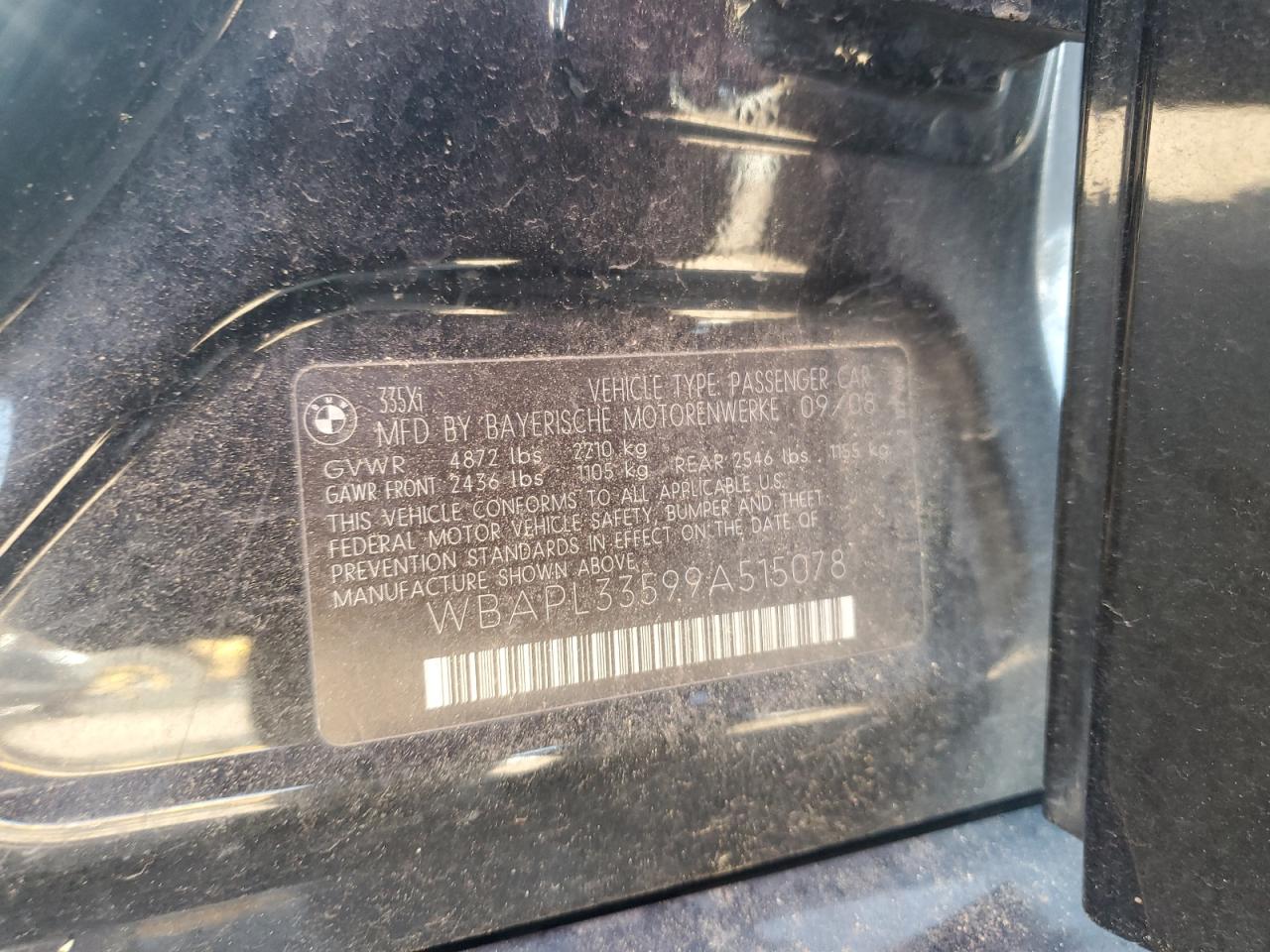 2009 BMW 335 Xi VIN: WBAPL33599A515078 Lot: 68576595