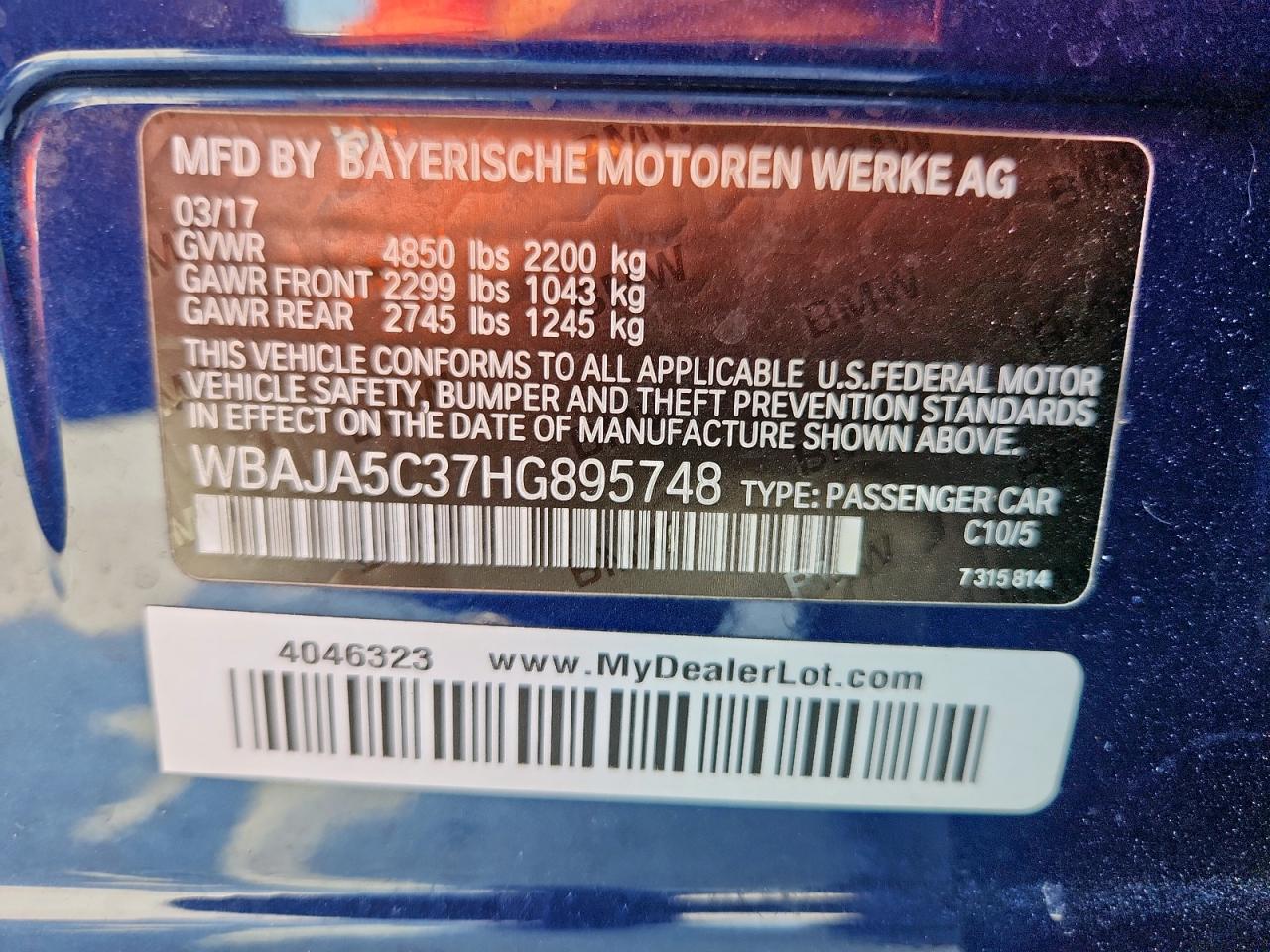 2017 BMW 530 I VIN: WBAJA5C37HG895748 Lot: 70089205