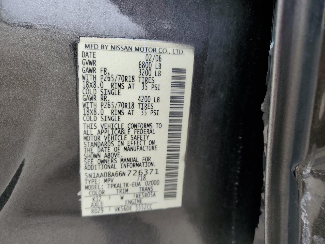 2006 Nissan Armada Se VIN: 5N1AA08A66N726371 Lot: 68549115