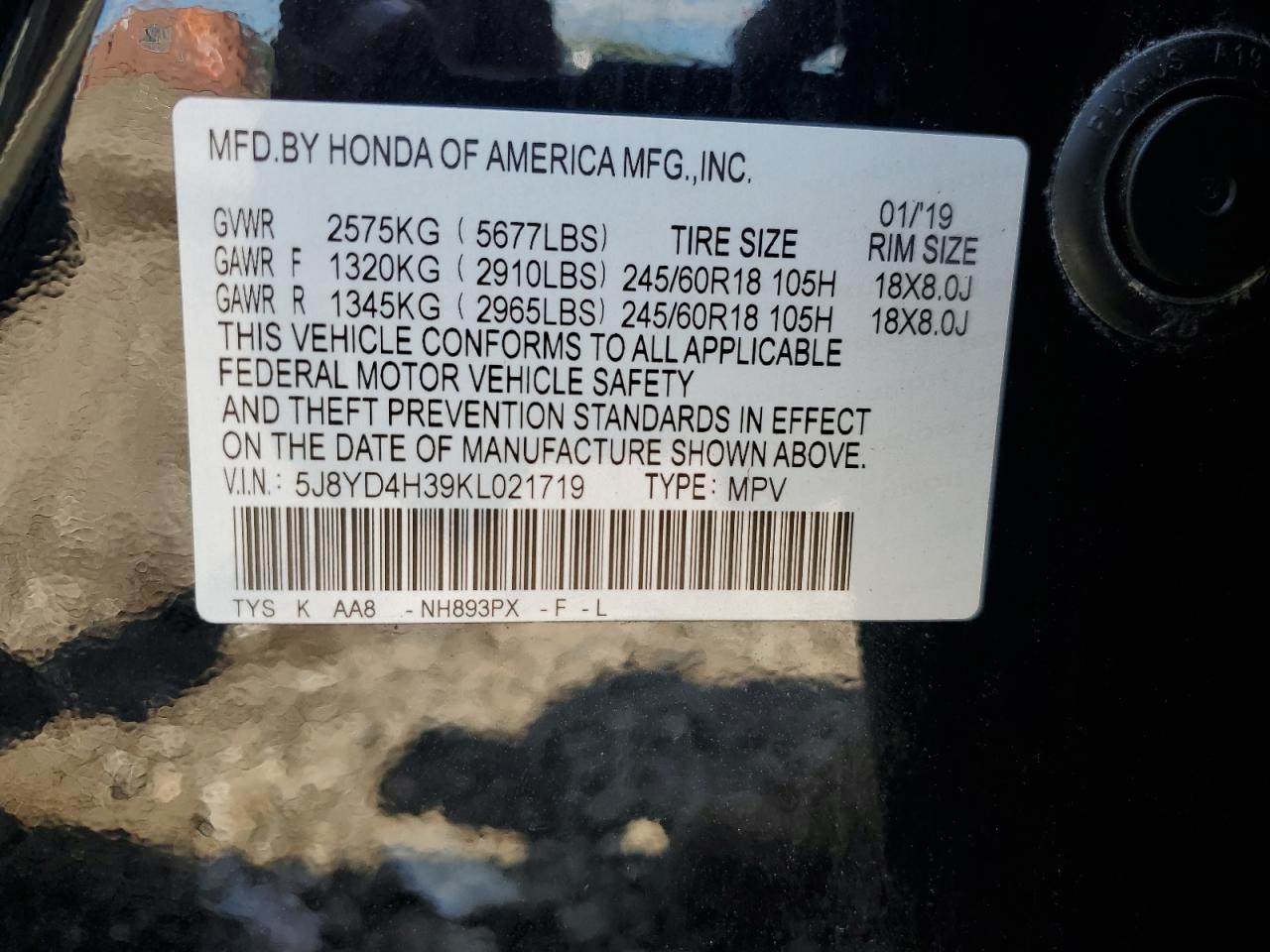 2019 Acura Mdx VIN: 5J8YD4H39KL021719 Lot: 69593775