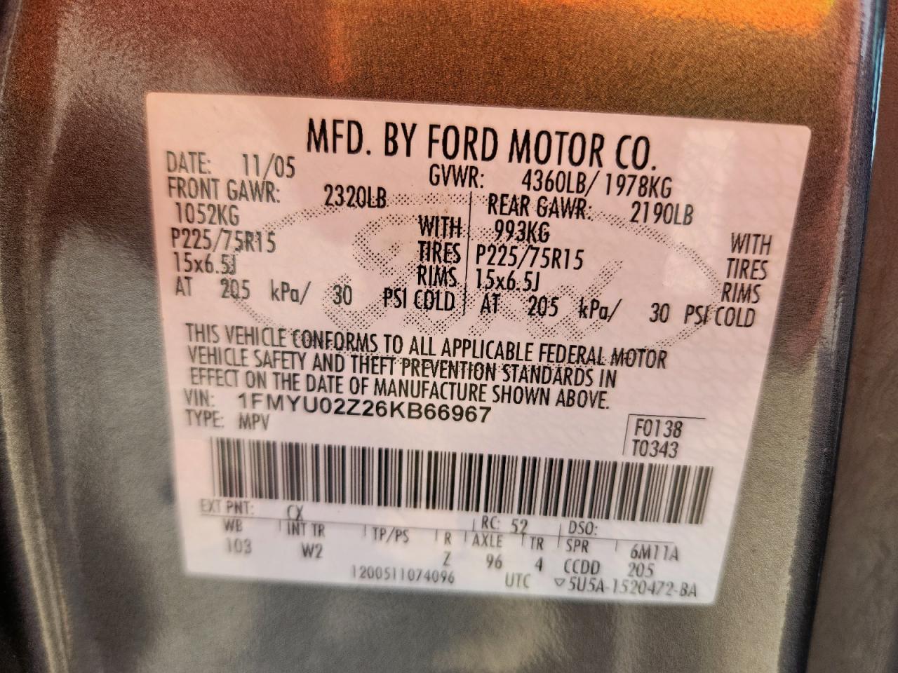 2006 Ford Escape Xls VIN: 1FMYU02Z26KB66967 Lot: 69556315