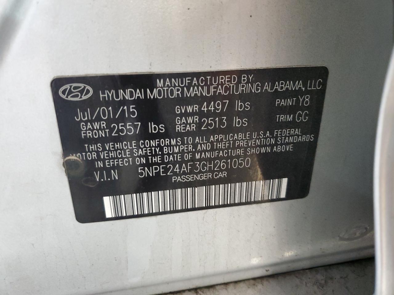 2016 Hyundai Sonata Se VIN: 5NPE24AF3GH261050 Lot: 69991765