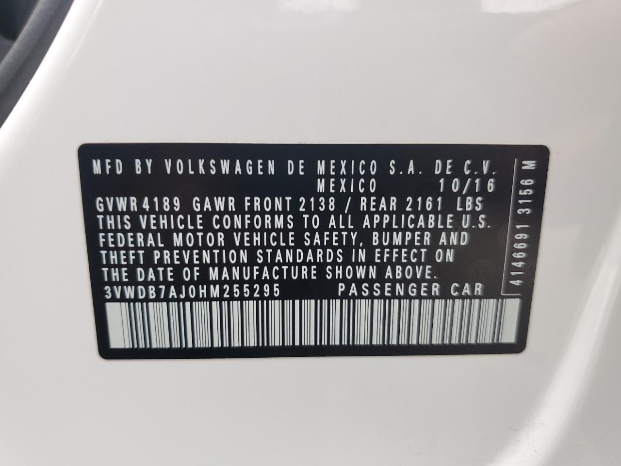 2017 Volkswagen Jetta Se VIN: 3VWDB7AJ0HM255295 Lot: 68040215