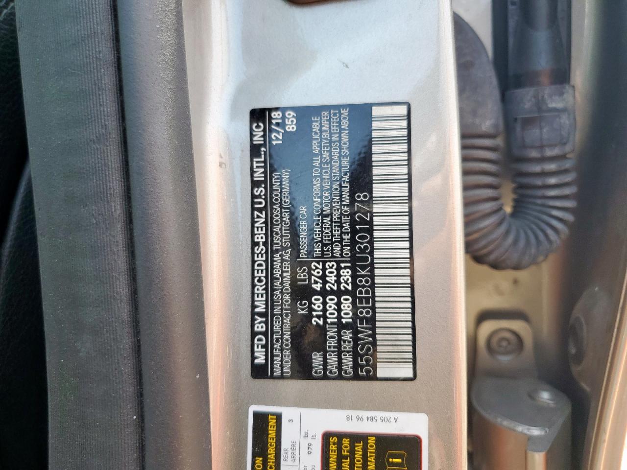 2019 Mercedes-Benz C 300 4Matic VIN: 55SWF8EB8KU301278 Lot: 69568925