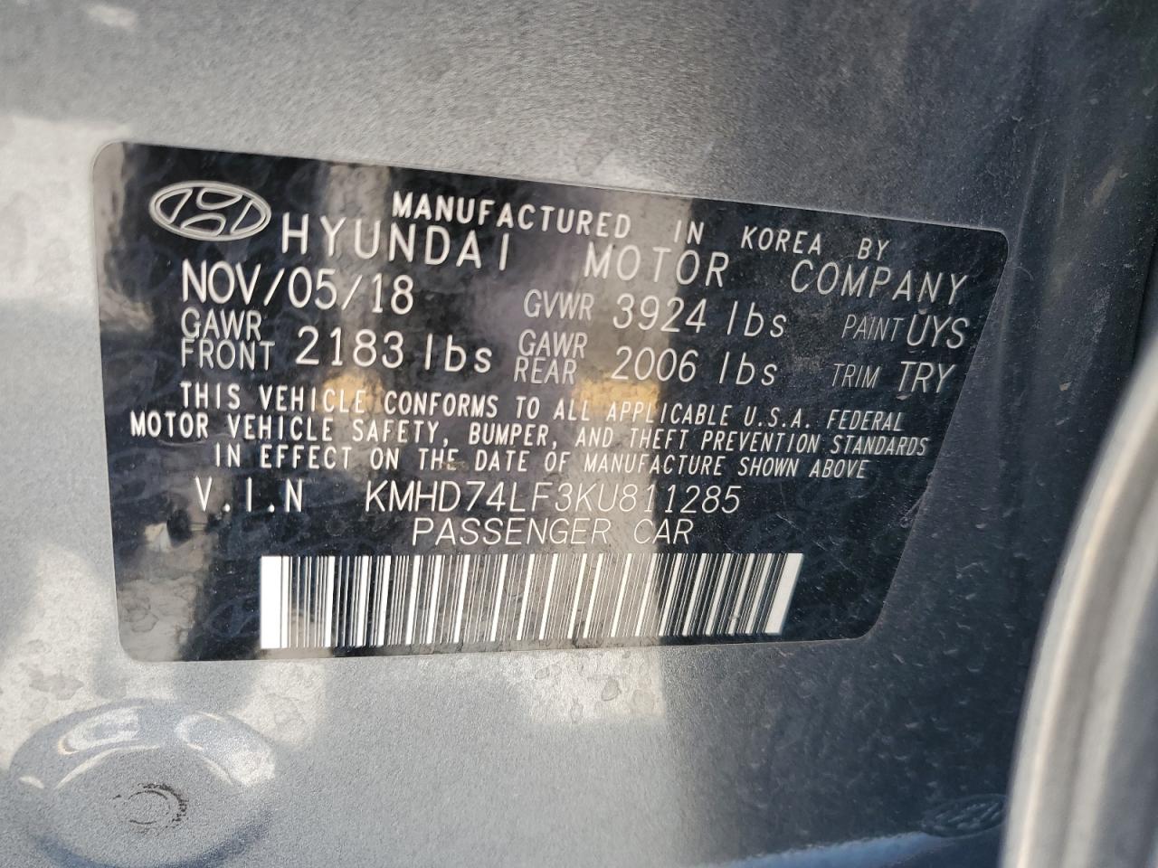 2019 Hyundai Elantra Se VIN: KMHD74LF3KU811285 Lot: 70889385