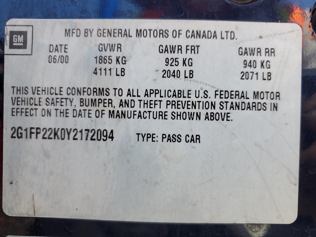 2000 Chevrolet Camaro VIN: 2G1FP22K0Y2172094 Lot: 68943135