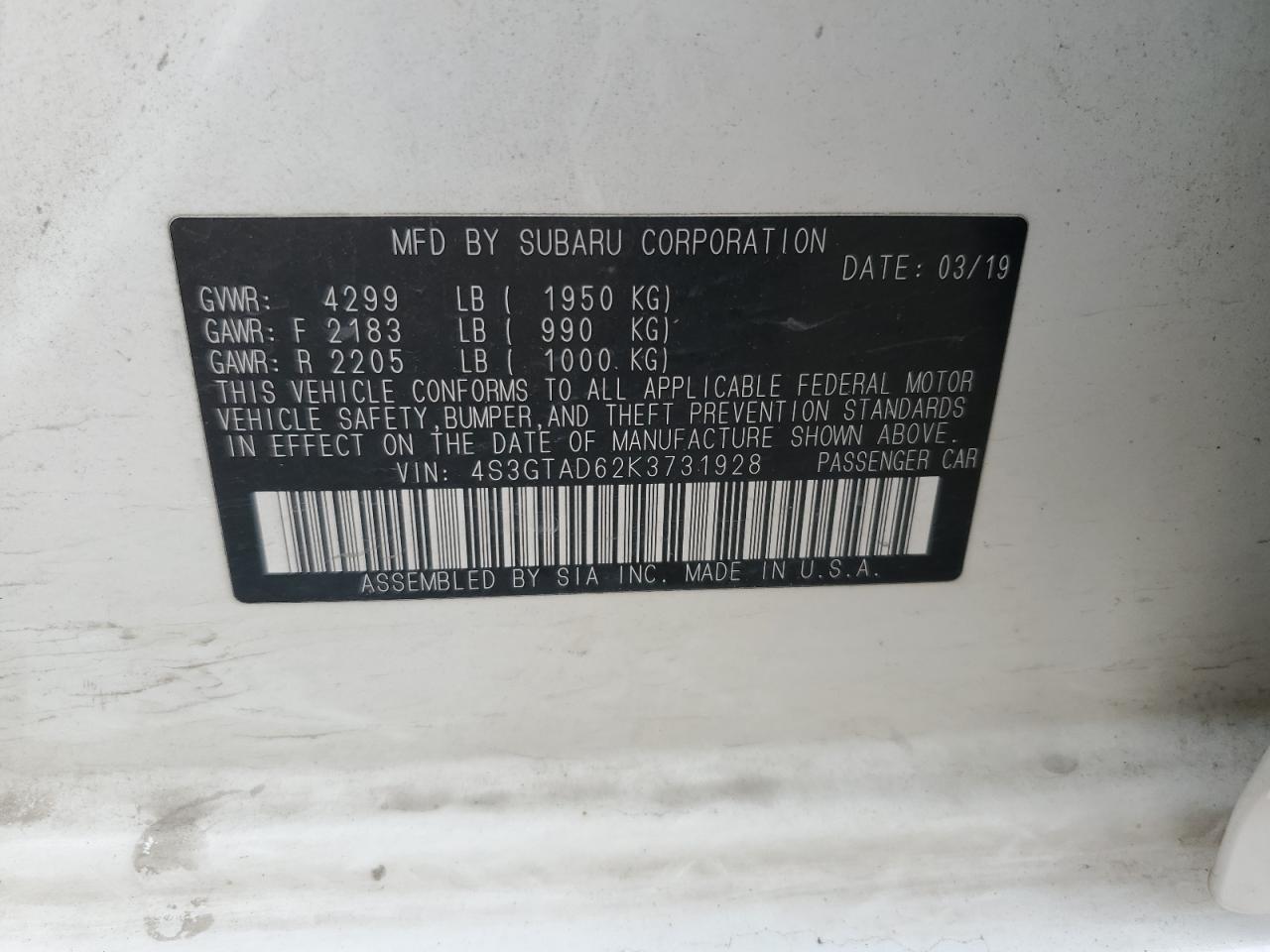 2019 Subaru Impreza Premium VIN: 4S3GTAD62K3731928 Lot: 70283915