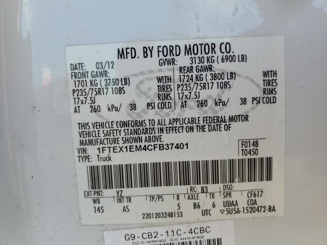 2012 Ford F150 Super Cab VIN: 1FTEX1EM4CFB37401 Lot: 69147125