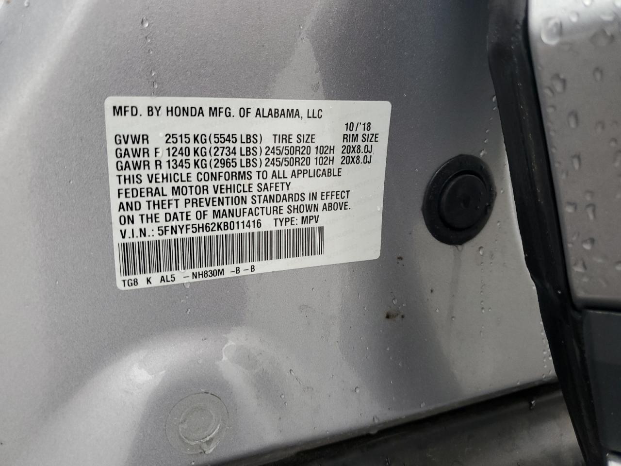 2019 Honda Pilot Touring VIN: 5FNYF5H62KB011416 Lot: 67730495