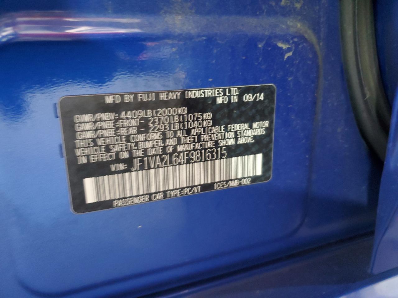 2015 Subaru Wrx Sti VIN: JF1VA2L64F9816315 Lot: 68097925