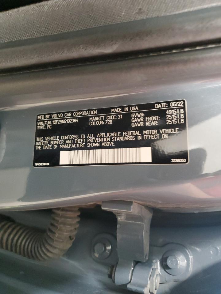 2022 Volvo S60 B5 Momentum VIN: 7JRL12FZ9NG192384 Lot: 90753005