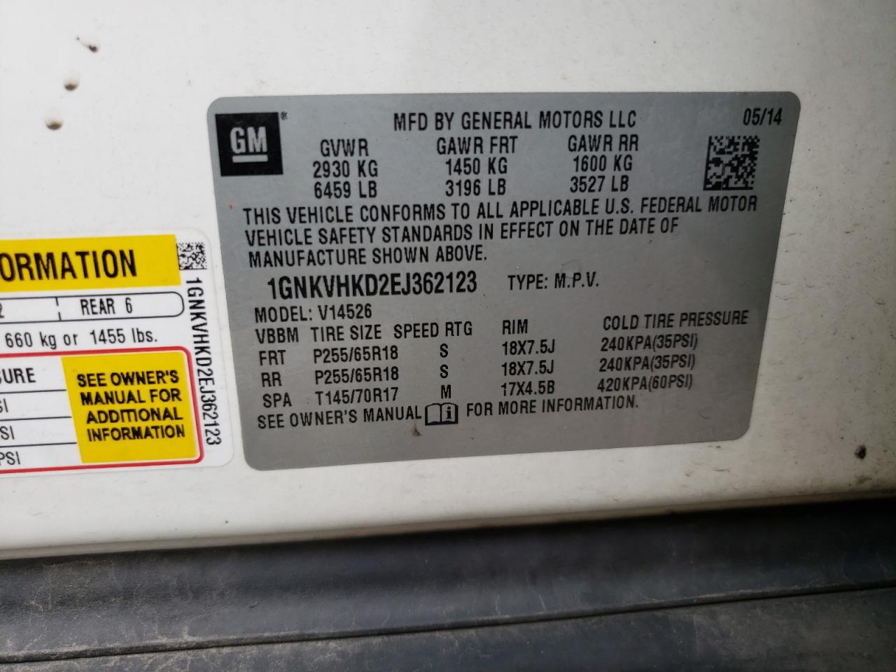 2014 Chevrolet Traverse Lt VIN: 1GNKVHKD2EJ362123 Lot: 68443605