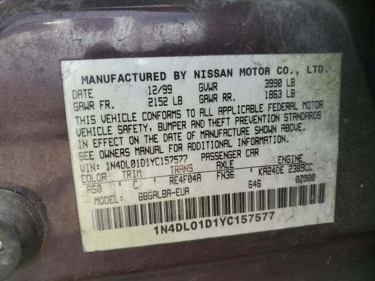 2000 Nissan Altima Xe VIN: 1N4DL01D1YC157577 Lot: 68123445