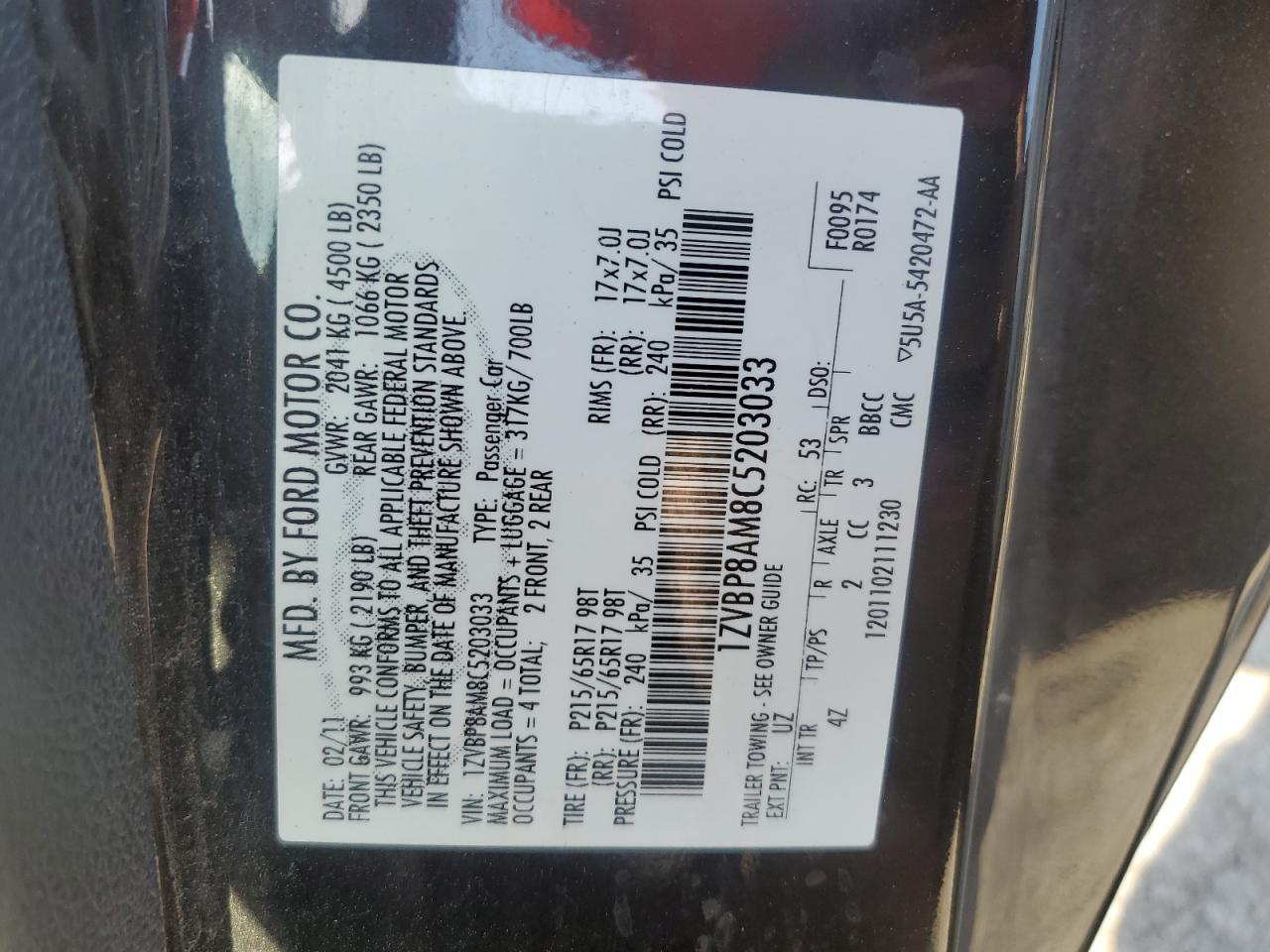 2012 Ford Mustang VIN: 1ZVBP8AM8C5203033 Lot: 69027035