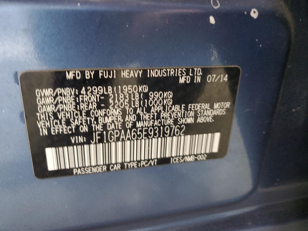 2014 Subaru Impreza VIN: JF1GPAA65E9319762 Lot: 70490215