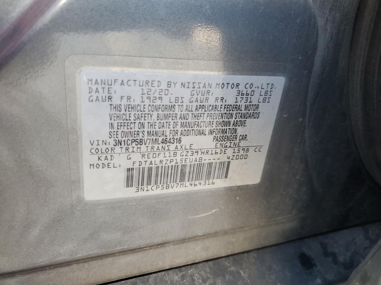 2021 Nissan Kicks S VIN: 3N1CP5BV7ML464316 Lot: 69782755