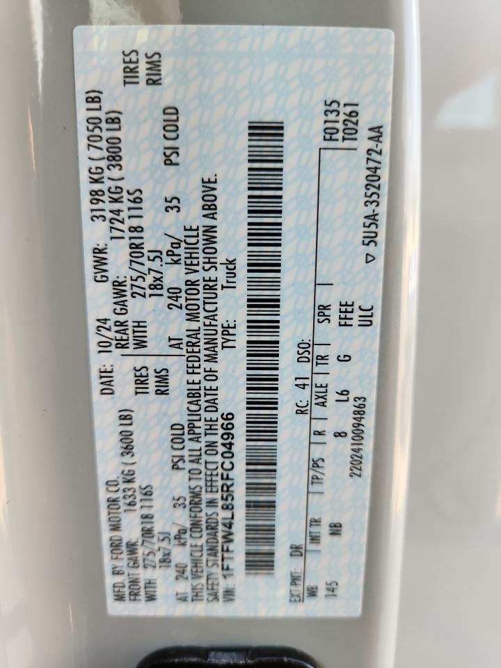 2024 Ford F150 Tremor VIN: 1FTFW4L85RFC04966 Lot: 68786955