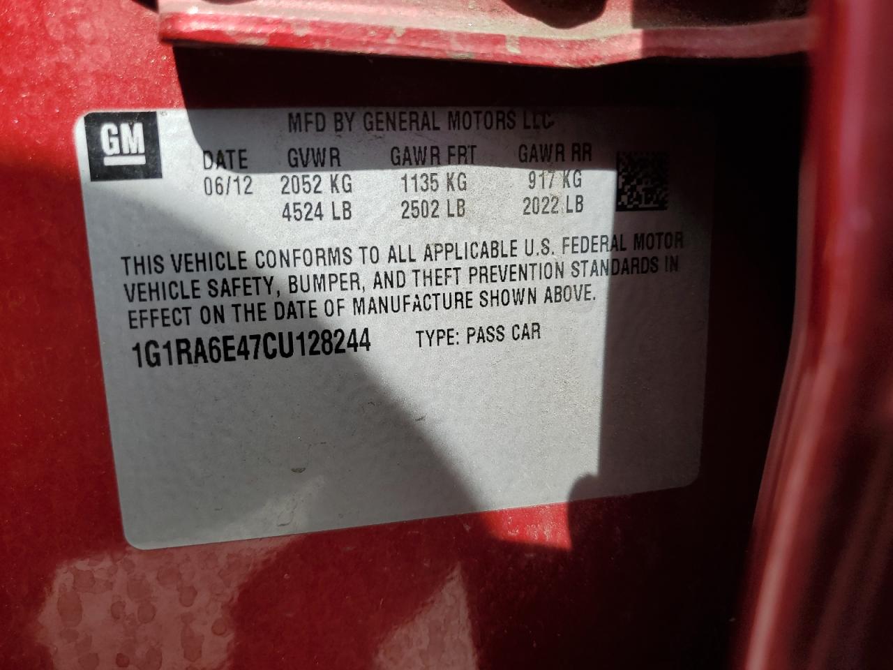 2012 Chevrolet Volt VIN: 1G1RA6E47CU128244 Lot: 70019875