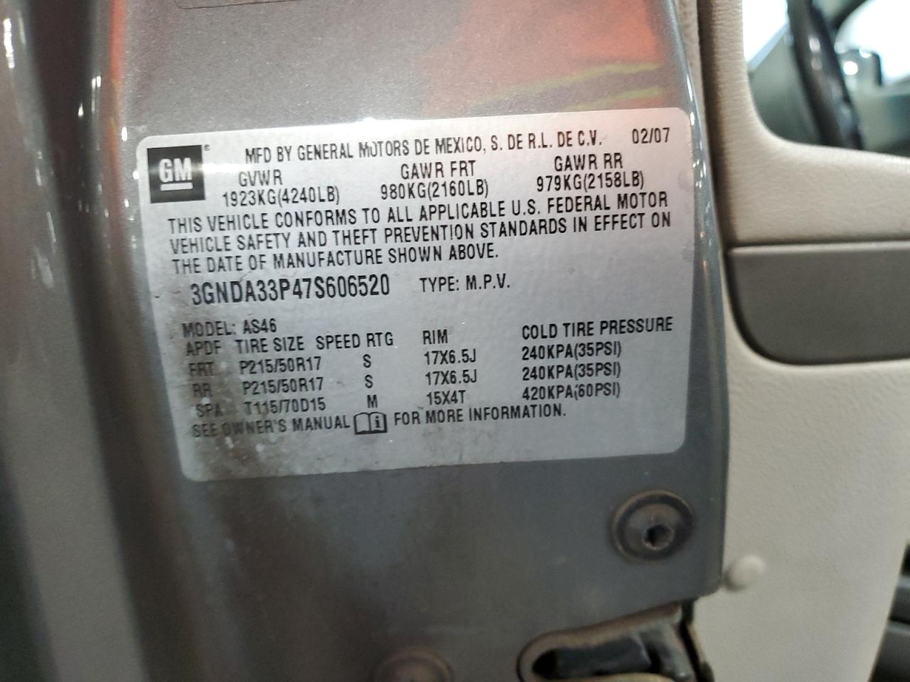 2007 Chevrolet Hhr Lt VIN: 3GNDA33P47S606520 Lot: 69678785