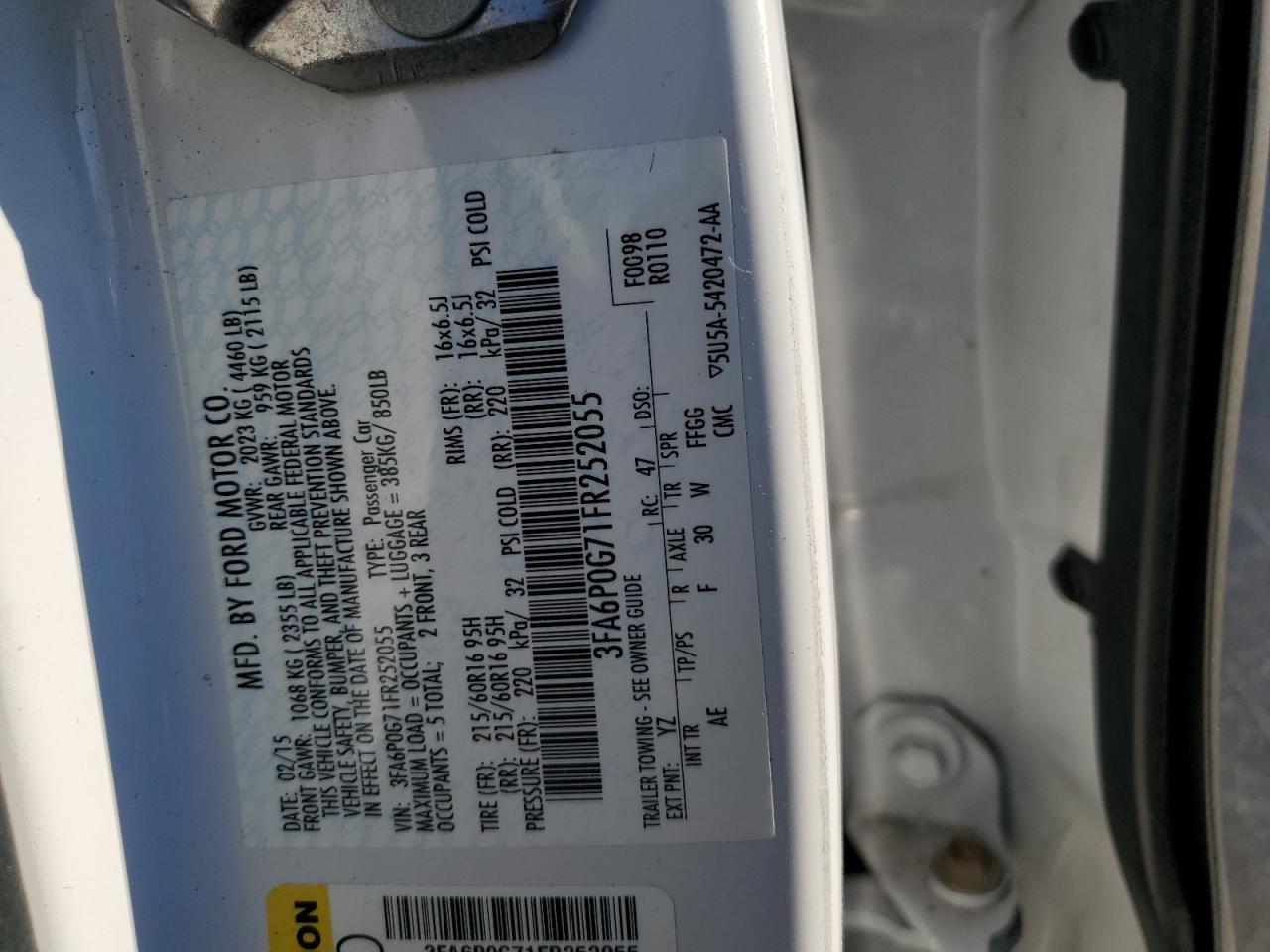 2015 Ford Fusion S VIN: 3FA6P0G71FR252055 Lot: 70383745