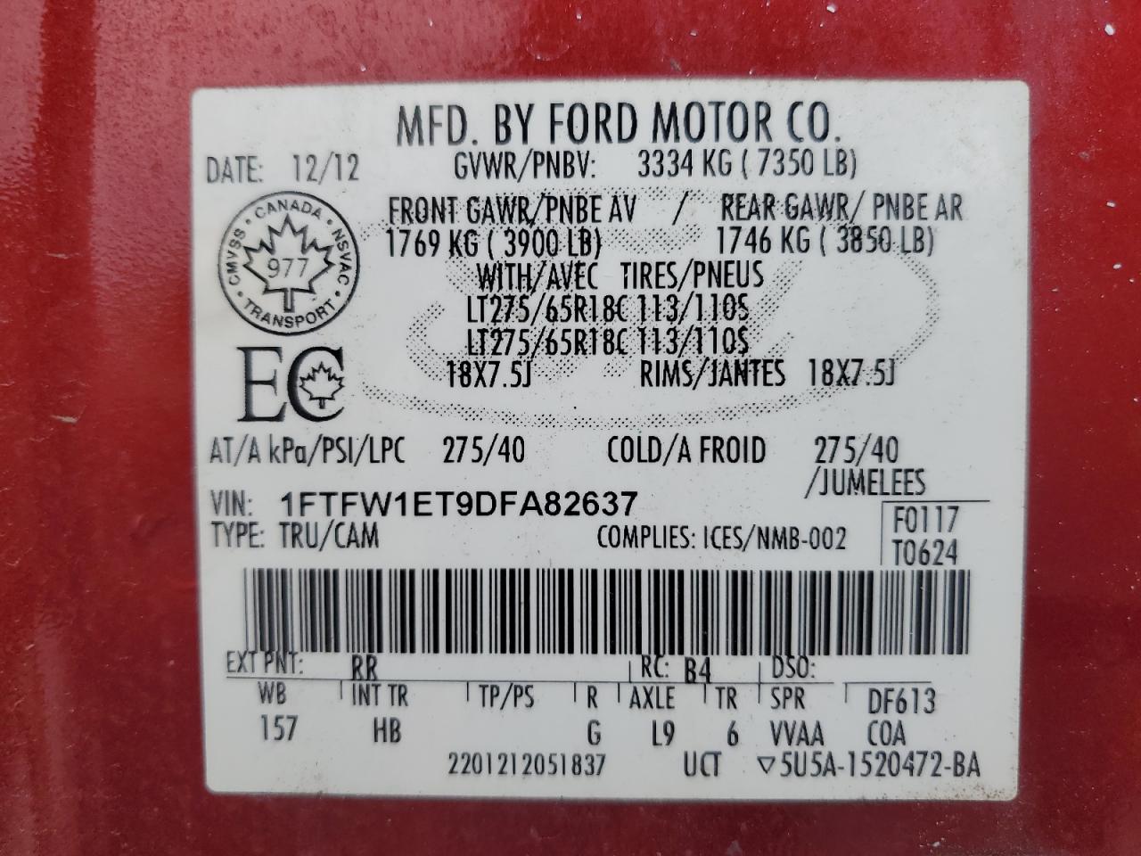 2013 Ford F150 Supercrew VIN: 1FTFW1ET9DFA82637 Lot: 67645955