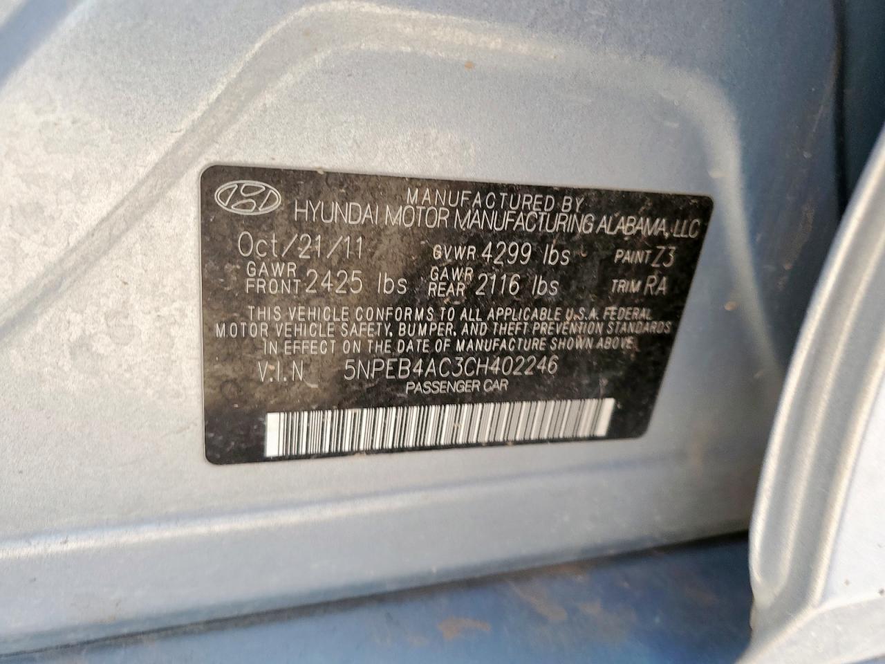 2012 Hyundai Sonata Gls VIN: 5NPEB4AC3CH402246 Lot: 69155195