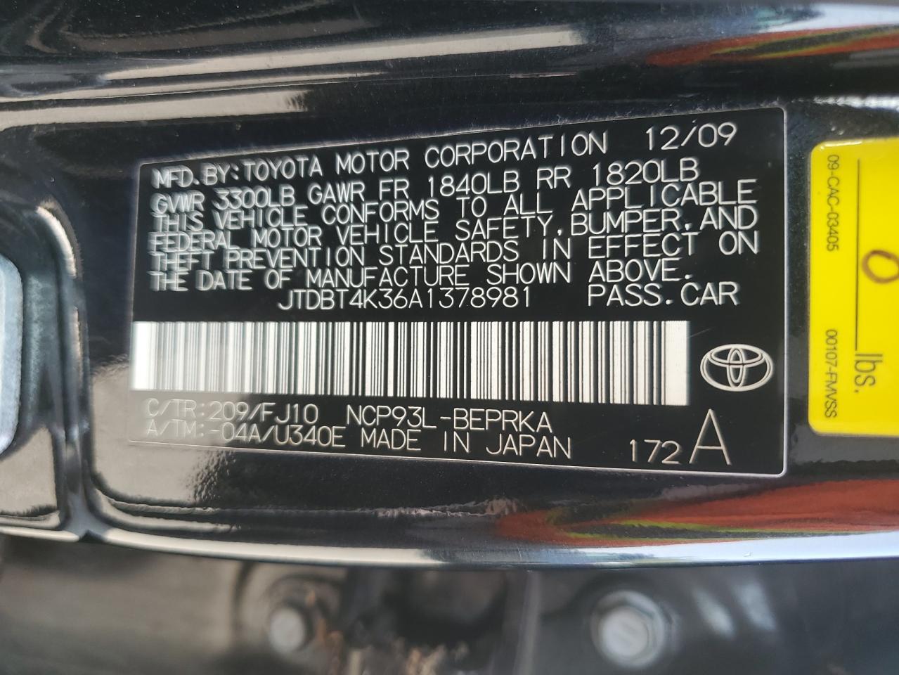 2010 Toyota Yaris VIN: JTDBT4K36A1378981 Lot: 67038185