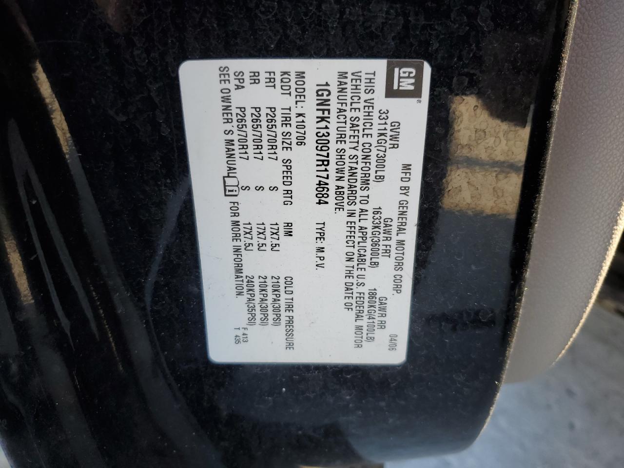 2007 Chevrolet Tahoe K1500 VIN: 1GNFK13097R174684 Lot: 70060785