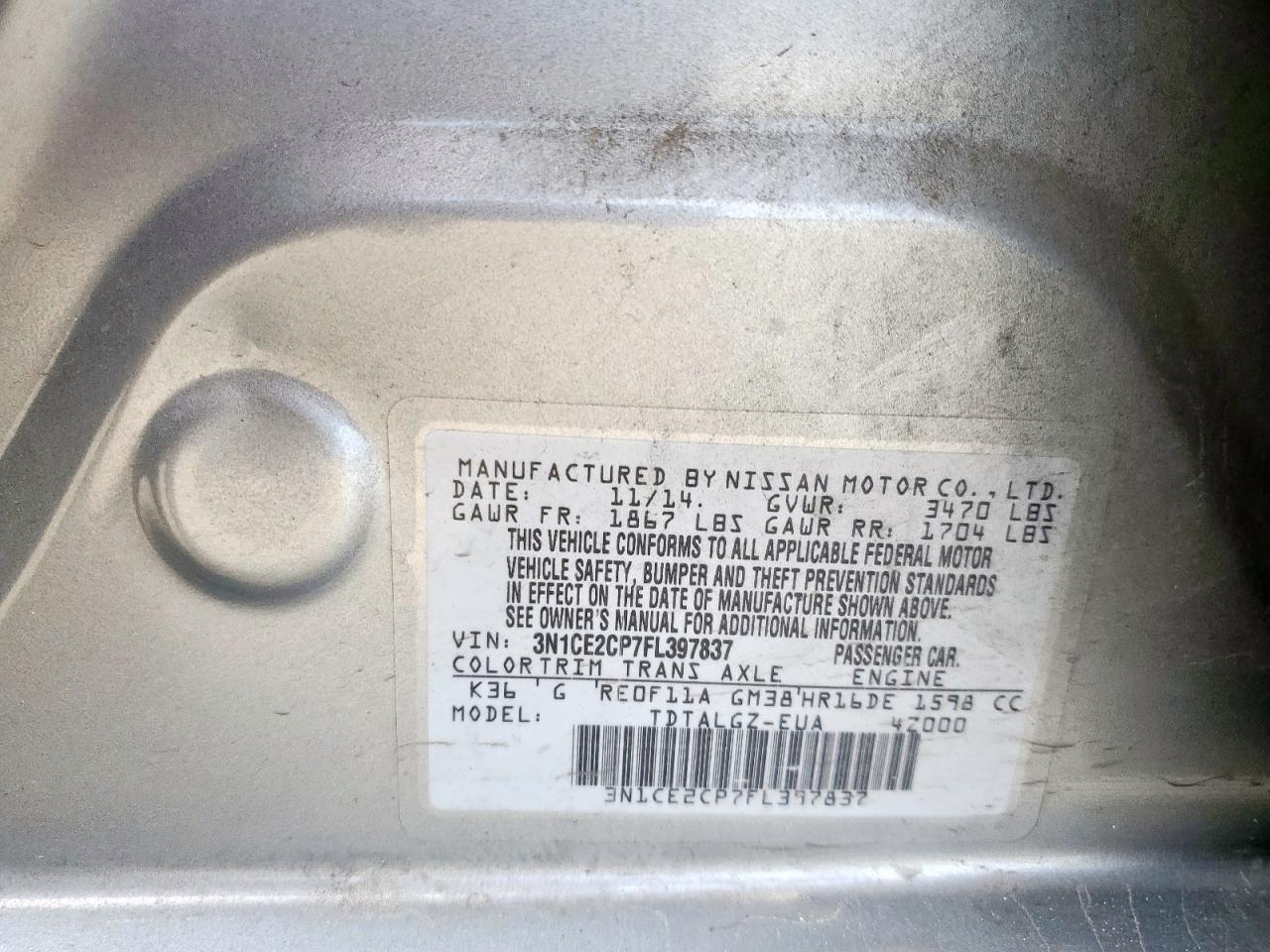 2015 Nissan Versa Note S VIN: 3N1CE2CP7FL397837 Lot: 68552435
