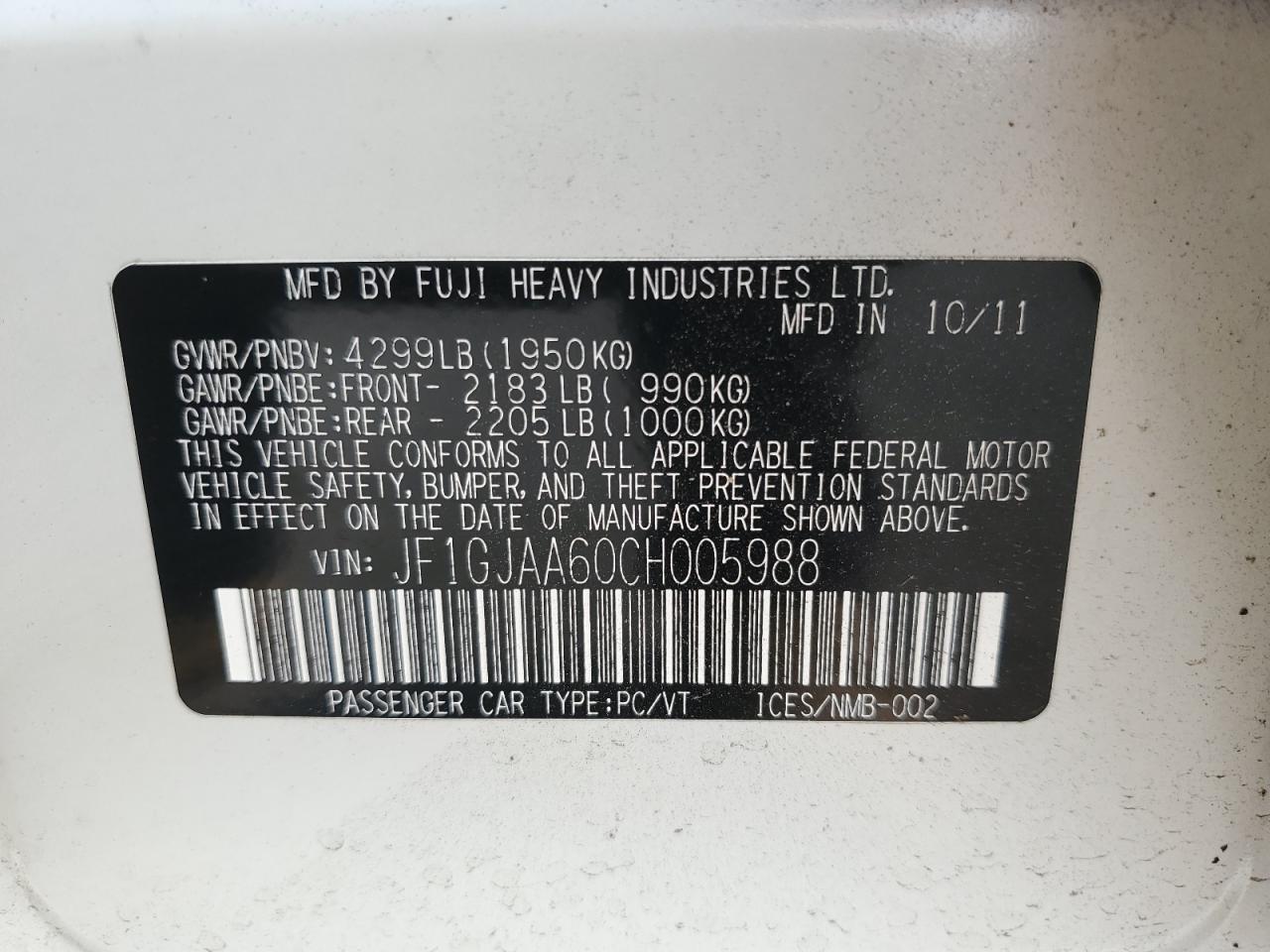 2012 Subaru Impreza VIN: JF1GJAA60CH005988 Lot: 67164615