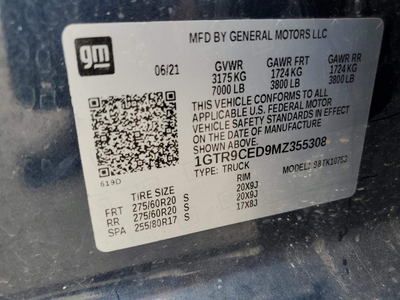 2021 GMC Sierra K1500 Elevation VIN: 1GTR9CED9MZ355308 Lot: 70278035