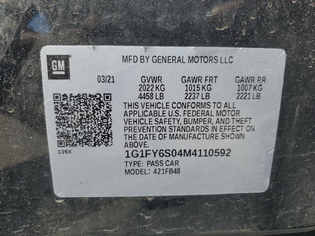 2021 Chevrolet Bolt Ev Lt VIN: 1G1FY6S04M4110592 Lot: 68500475