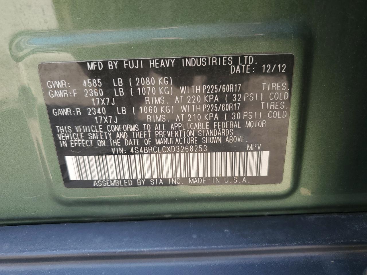 2013 Subaru Outback 2.5I Limited VIN: 4S4BRCLCXD3268253 Lot: 67268745