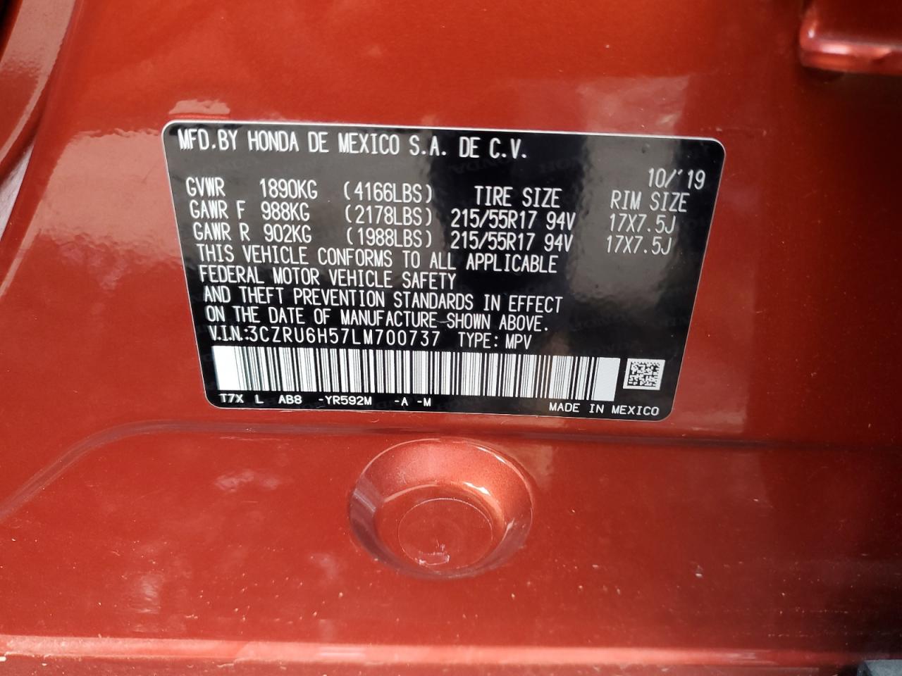 2020 Honda Hr-V Ex VIN: 3CZRU6H57LM700737 Lot: 67215355