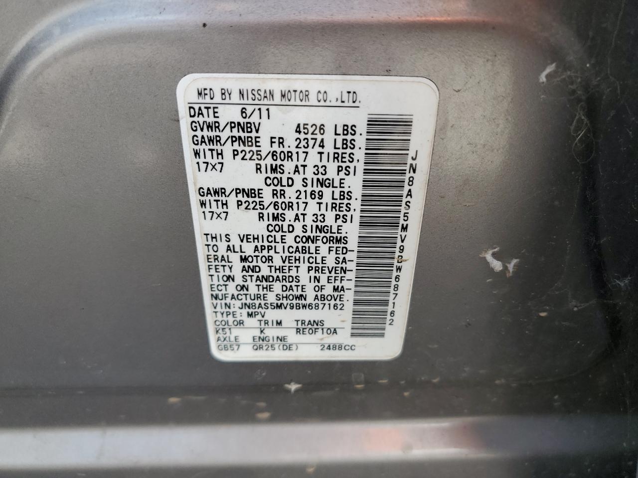 2011 Nissan Rogue S VIN: JN8AS5MV9BW687162 Lot: 70302035