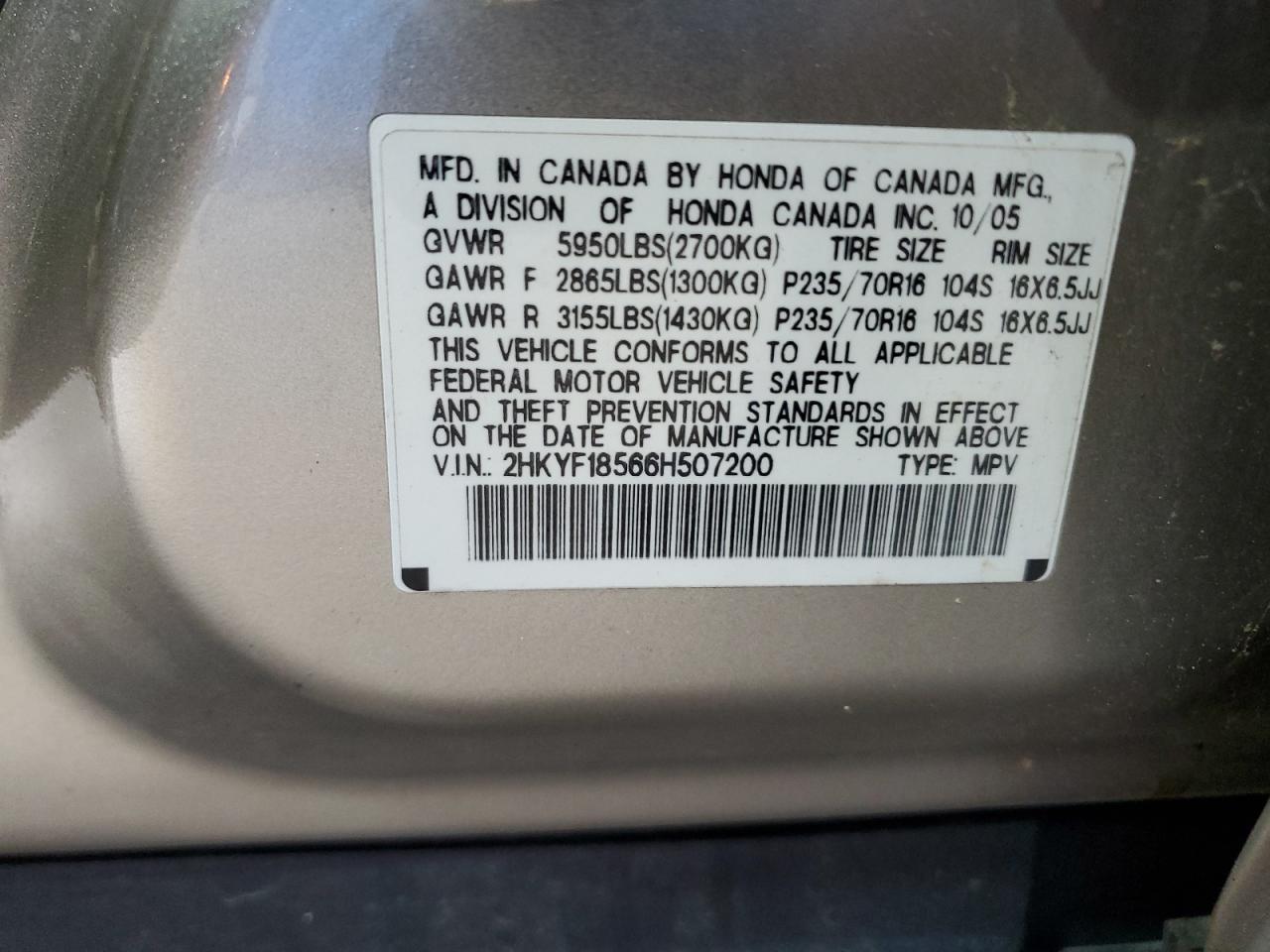 2006 Honda Pilot Ex VIN: 2HKYF18566H507200 Lot: 70293415