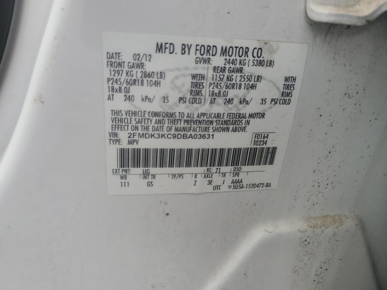 2013 Ford Edge Limited VIN: 2FMDK3KC9DBA03631 Lot: 70454935